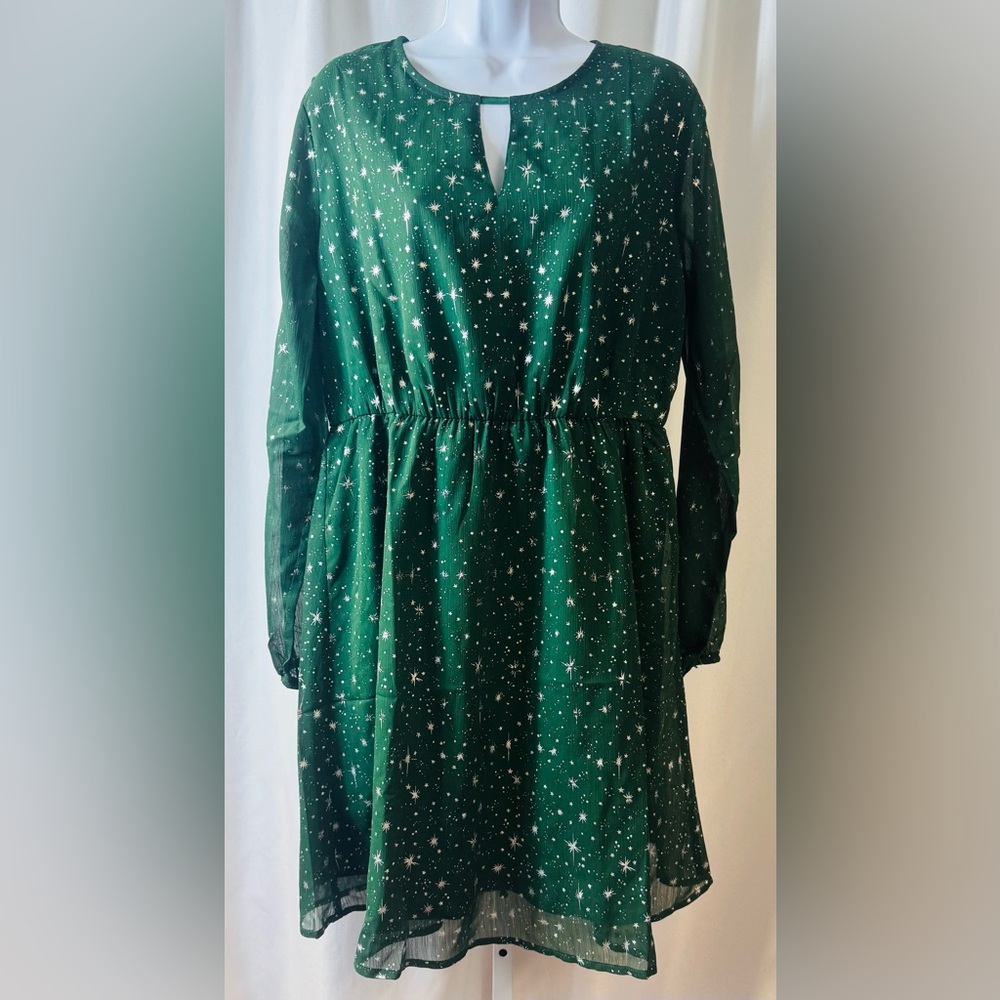 Allegra K Green‎ w/Silver Star Print Midi Dress Sz L